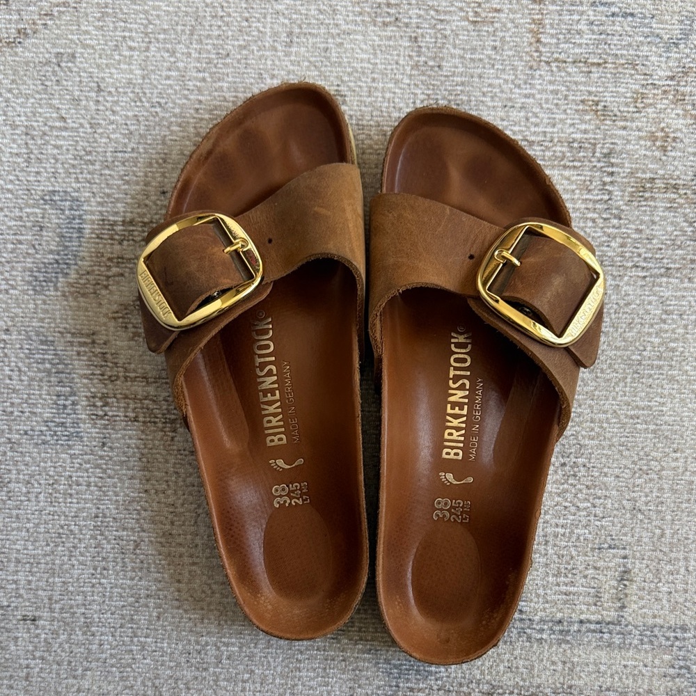 Birkenstock Brown Suede Single-Strap Slides with Gold Buckles